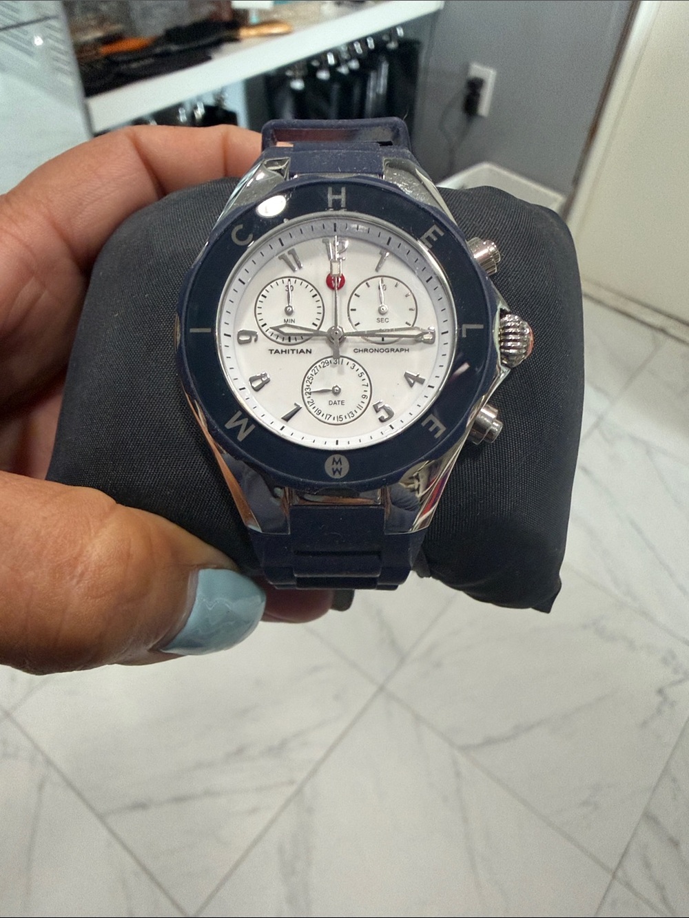 Michele Navy Blue and White Tahitian Chronograph Watch